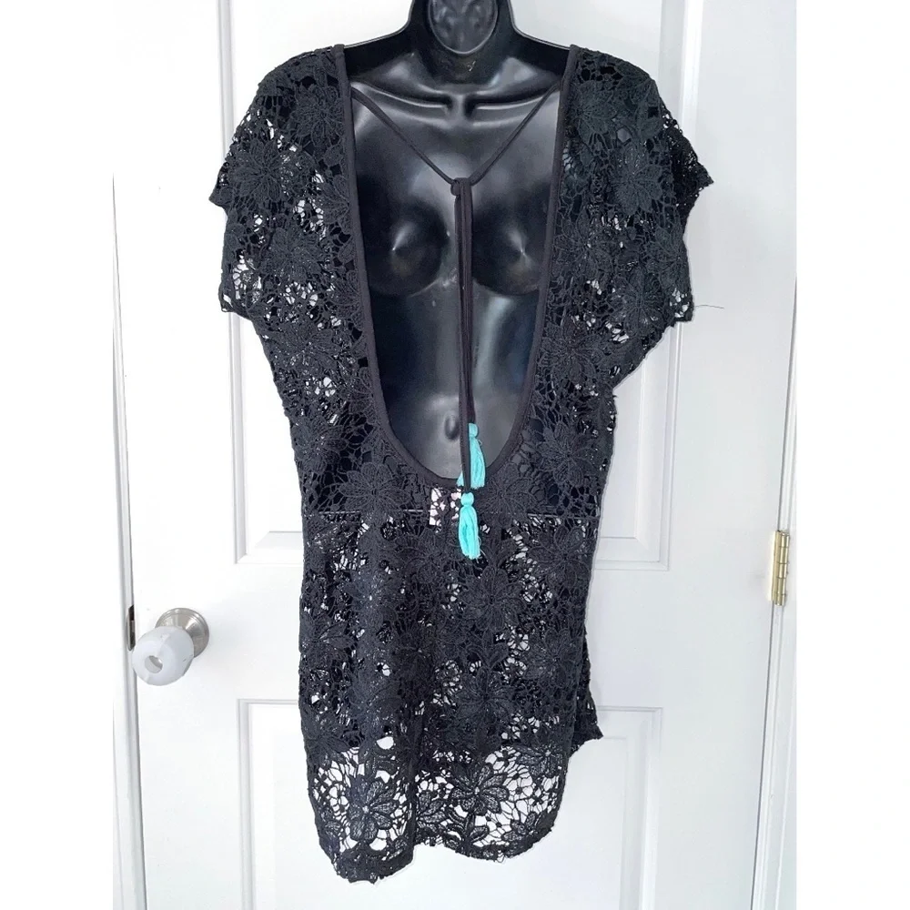 Xhilaration black floral crochet swim cover-up features an intricate openwork la